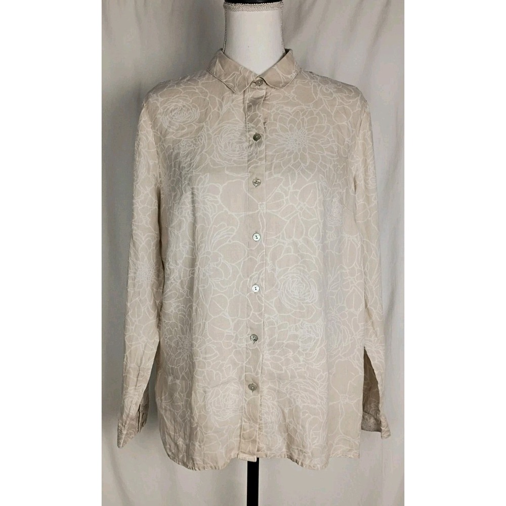 J. Jill Beige Floral Blouse Shirt Top Women 100% Linen Size M